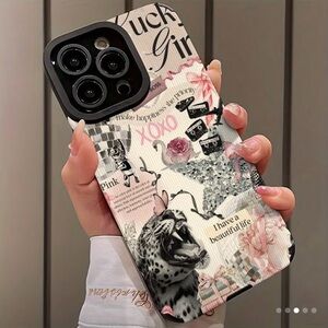 Apple iPhone Phone Case PU Leather Vertical Grain Pink Leopard Silver Theme